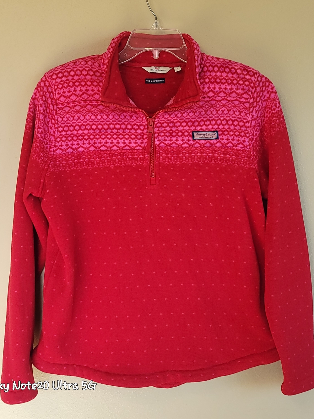 • Vineyard Vines Fair Isle Shep Shirt Pink Red Patterned Pullover Fleece L